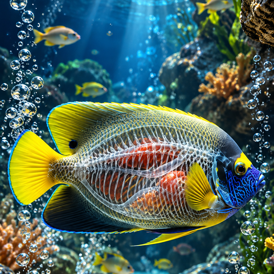 A colorful underwater aquarium scene featuring a large tropical fish with yellow, blue, and red-orange markings swimming near rocks and coral, with bubbles and sunbeams filtering through the water. A gold 'P2U' logo appears in the bottom right corner.