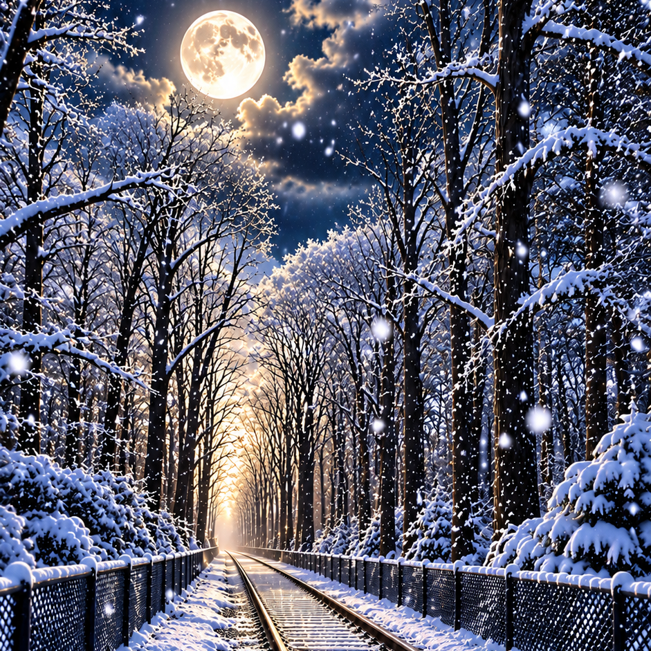 A snowy winter forest scene with railroad tracks leading into the distance under a full moon, with snow-covered trees on both sides and a glowing light at the vanishing point. A gold 'P2U' logo appears in the bottom right corner.