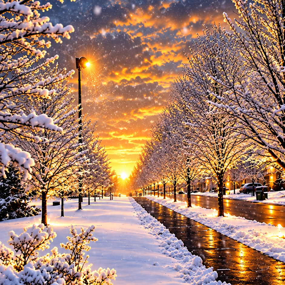 A snowy winter street scene at sunset with snow-covered trees lining both sides of a road, glowing streetlights, falling snow, and a dramatic orange and blue sky.