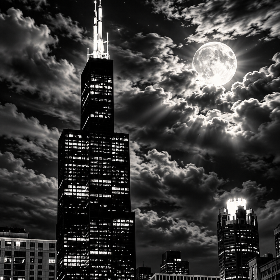 Black and white city skyline at night with illuminated skyscrapers, dramatic clouds, a bright full moon, and reflections on water.