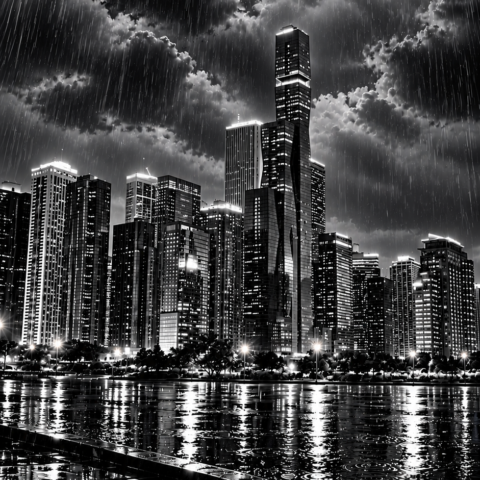 Black and white city skyline at night under a full moon and heavy rain, with illuminated skyscrapers, dramatic clouds, reflective water, and a visible P2U watermark in the lower right corner.